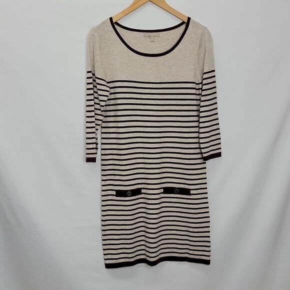 Banana Republic Women's Tunic Sweater  Gray Black Stripe 3/4 Sleeve Scoop Neck M - Picture 6 of 12
